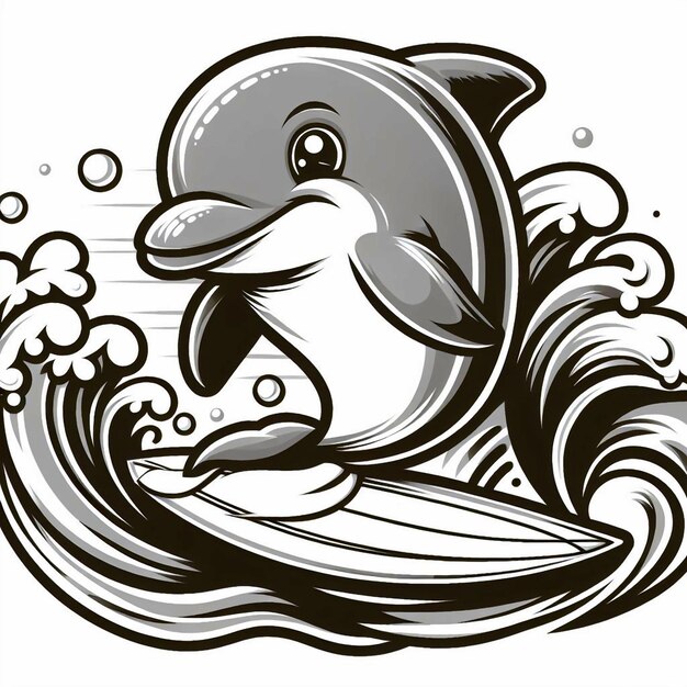 Schwarz-Weißer Cartoon eines Delphins, der einen Surftrick macht.