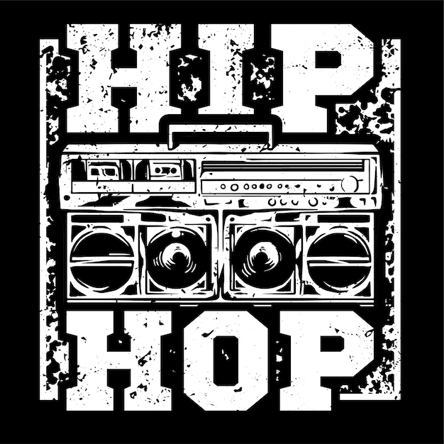 Schwarz-weißer druck im street-style mit großer boombox für hip-hop- oder rap-musik.