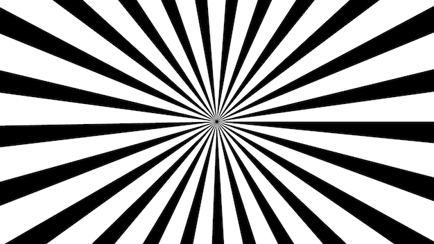 Schwarz-weißer Radialburst-Abstrakt-Hintergrund mit scharfen Kontrastlinien, die von der Mitte aus strahlen und ein Vintage-Retro-Comic oder Sonnenstrahl-Illusion-Grafikkonzept für Pop-Art-Optik-Effekte erzeugen