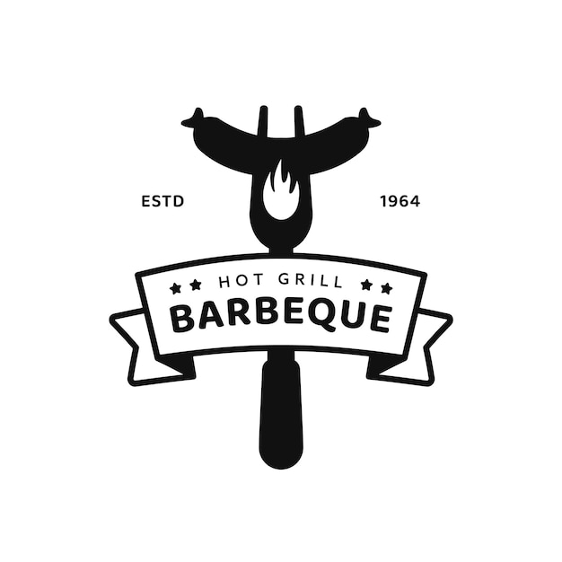 Schwarz-weißes barbeque-barbecue-restaurant-logo-symbol, vektorgrafik mit grillgabel und würstchen-silhouette-illustration