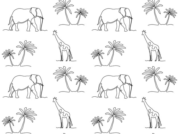Vektor schwarz-weißes zeichnen afrikanisches nahtloses muster eine kontinuierliche linie von kunstpalmen elefanten giraffen