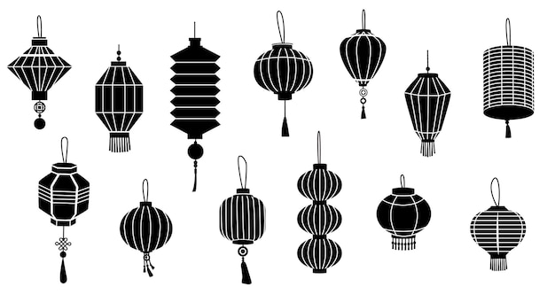 Schwarze asiatische Laternen Einfache chinesische Papierlampen Silhouetten traditionelle orientalische Lichter für Festdekoration Feiertagsfeier Vektorisolierte Sammlung