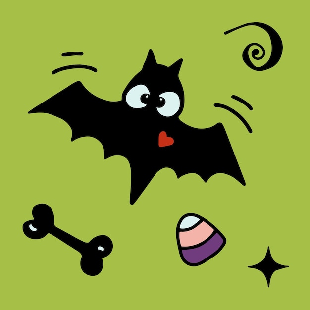 Schwarze Fledermaus mit Herz-Knochen-Süßigkeiten Halloween-Doodle-Clipart-Vektor