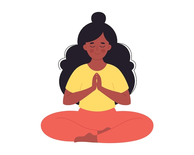 Schwarze frau meditiert in lotus-pose. gesunder lebensstil, yoga, atemübungen. weltyogatag