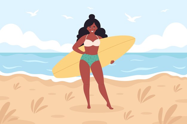 Schwarze Frau mit Surfbrett am Strand. Sommeraktivität, Sommerzeit, Surfen. Hallo Sommer.