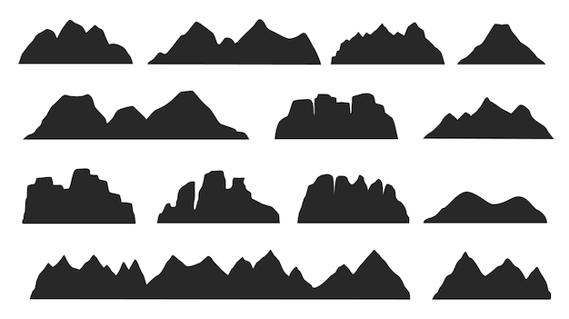 Schwarze gebirgskammlandschaftssilhouette, felsige geländeelemente. berge, gipfel, hügel, eisberge im freien landschaft silhouetten vektor-set. naturklippen und vulkanform für logo