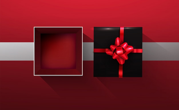 Schwarze Geschenkbox des Vektors 3d offen auf rotem und schwarzem Boden