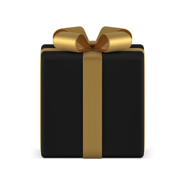 Schwarze Geschenkbox mit goldener Schleife, festliches Geschenk, Überraschung, 3D-Symbol, realistische Vektorillustration