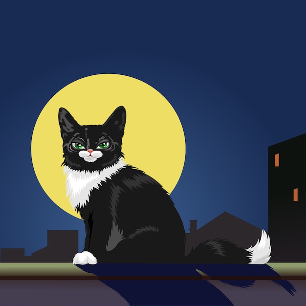 Vektor schwarze katze der illustration auf dem dach