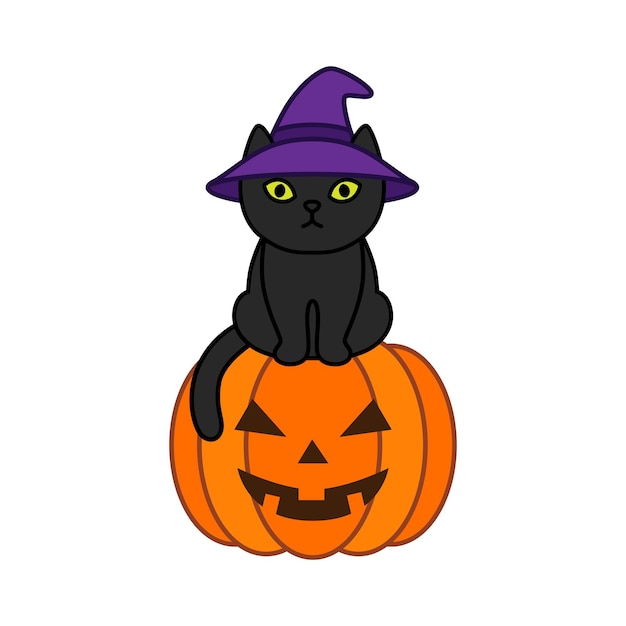 Schwarze Katze in einem Hexenhut sitzt auf einem Halloween-Kürbis