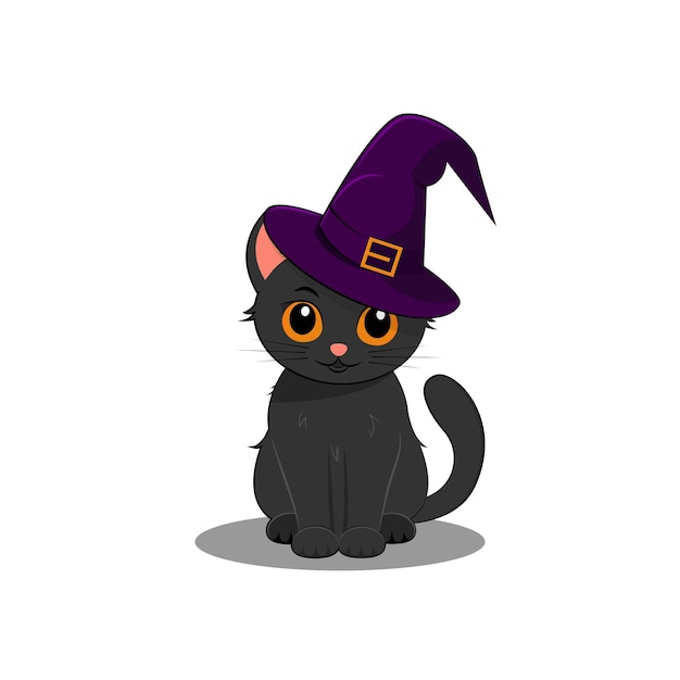 Schwarze Katze mit Hexenmütze Schöne Kätzchen mit großen gelben Augen in Zauberer Kopfbedeckung Vektorillustration