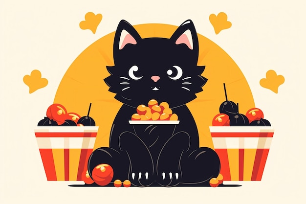 Schwarze Katze mit Popcorn