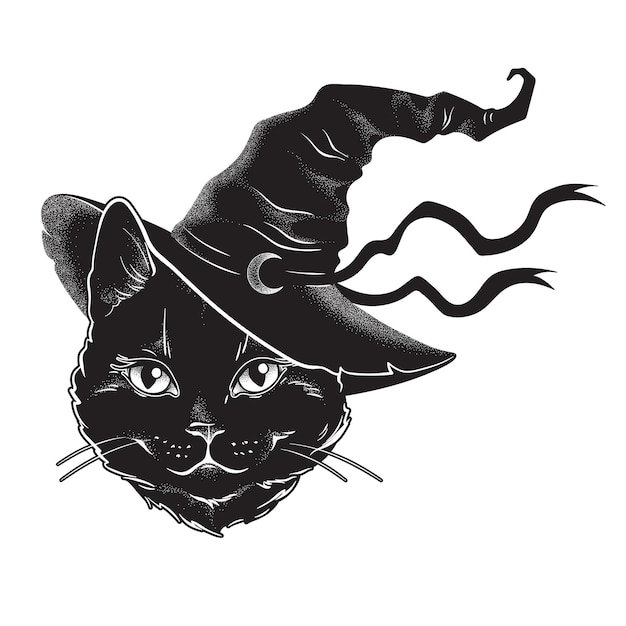 Schwarze Katze mit spitzer Hexenhut-Strichzeichnung und Punktarbeit vertrauter Geist Halloween-Vektorillustration