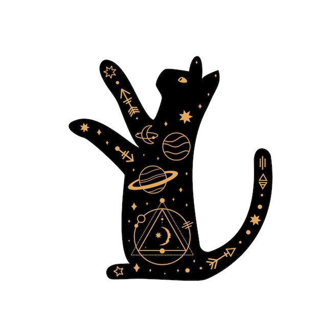 Schwarze magische katze, esoterisches symbol des mystischen halbmondes, konstellationselemente. hexenschwarzes haustier.