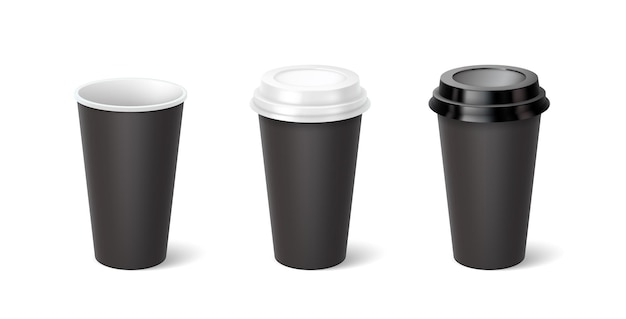 Schwarze Mockup-Tassen 3D-realistische Vektorillustrationssatz