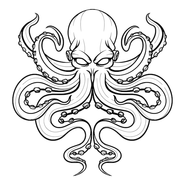 Schwarze oktopus-linienkunst auf weißem hintergrund, die für verschiedene dekorative logo-ikonen verwendet wird