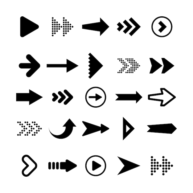 Schwarze Pfeile auf weißem Hintergrund gesetzt Pfeil Cursor Icon Vektorzeiger Sammlung Zurück Nächste Webseite Zeichen