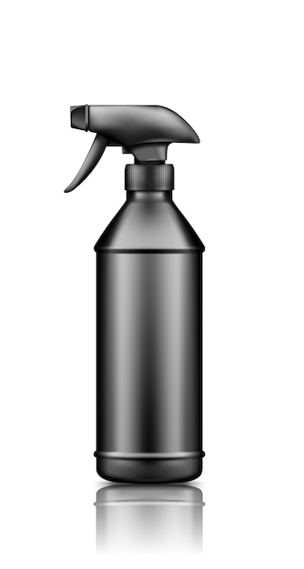 Schwarze Plastiksprühpistole desinfizieren Flaschenmodell isoliert auf weißem Hintergrund