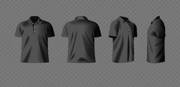 Schwarze Polo-Shirts, die vorne, hinten und seitlich gezeigt werden, sind perfekt für Modemockups im Bekleidungsdesign
