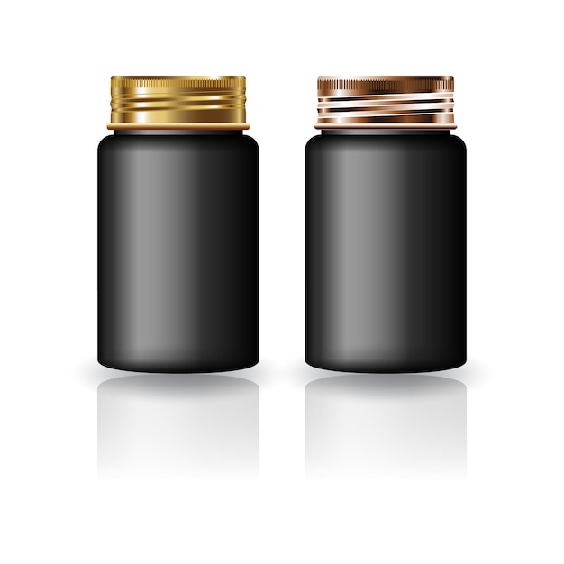 Vektor schwarze runde nahrungsergänzungsmittel-arzneiflasche mit gold- und kupfer-schraubdeckel-modell
