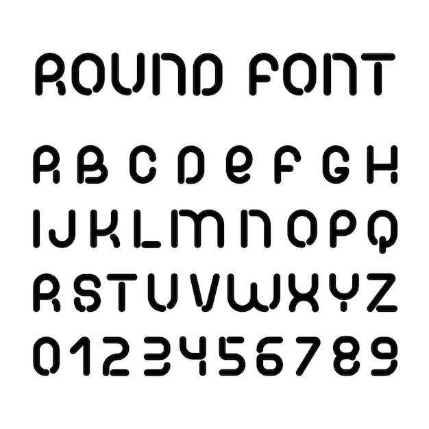 Schwarze runde Schrift. Vektoralphabet aus lateinischen Buchstaben und Zahlen.