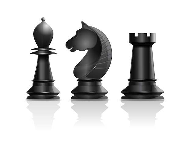 Schwarze Schachfiguren Bischof, Ritter, Turm. Satz Schachfiguren. Schachkonzeptdesign. Realistische Illustration lokalisiert auf weißem Hintergrund