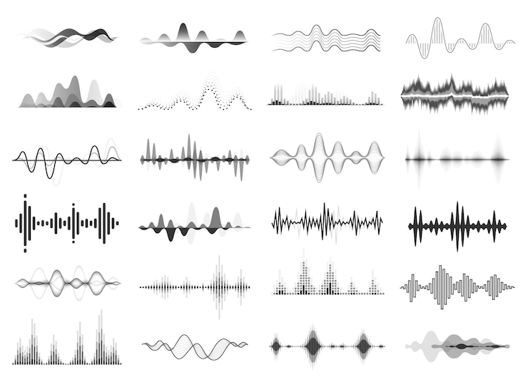 Vektor schwarze schallwellen musik beat audio equalizer abstrakte stimme rhythmus radio visualisierung vektor-set