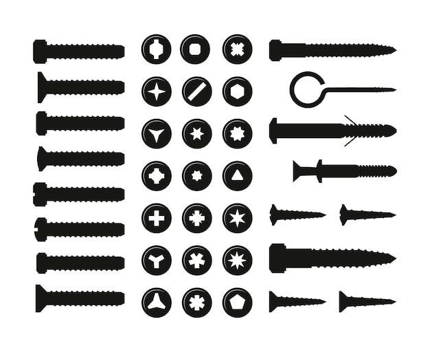 Schwarze schrauben und bolzen wanddübel nagel und muttern silhouetten reparieren befestigungswerkzeuge cartoon gebäude zimmerei liefert holz- und metallverbindungen