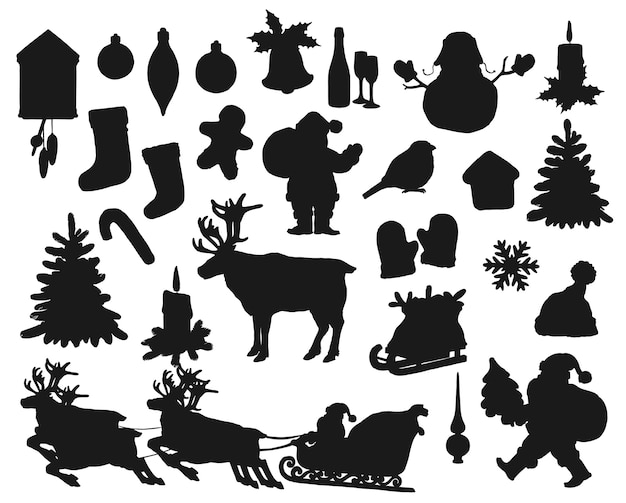 Vektor schwarze schwarze silhouetten isolierten satz. winterurlaub weihnachtsmann, geschenktüte, tanne und stechpalme. weihnachtssocke, vogel, schneeflocke und kerze, weihnachtsball, lebkuchenmann und hirsch