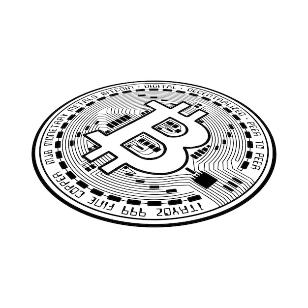 Vektor schwarze silhouette der bitcoin-münze perspektivisch