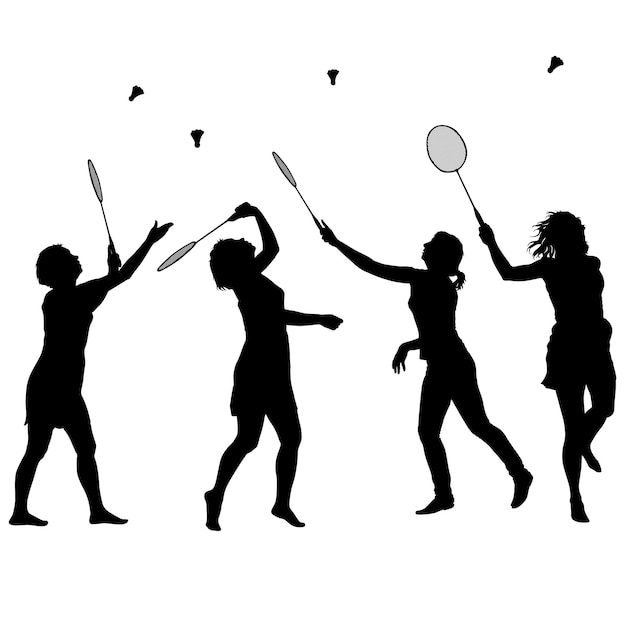 Schwarze silhouette einer badmintonspielerin auf weißem hintergrund