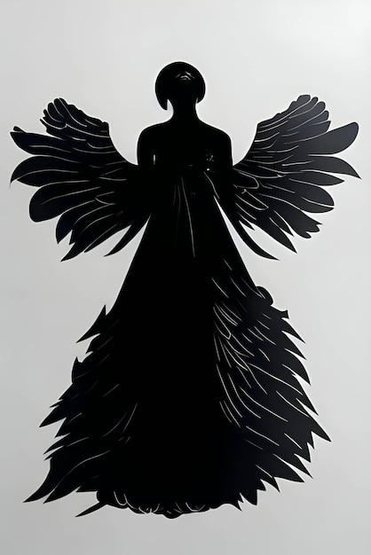 Schwarze silhouette einer frau als engel auf weißem hintergrund