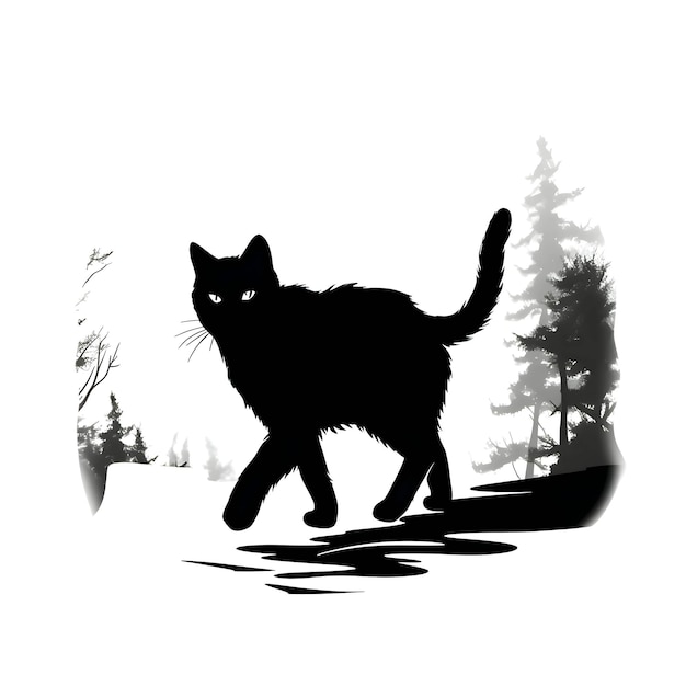 Vektor schwarze silhouette einer gehenden katze auf weißem hintergrund