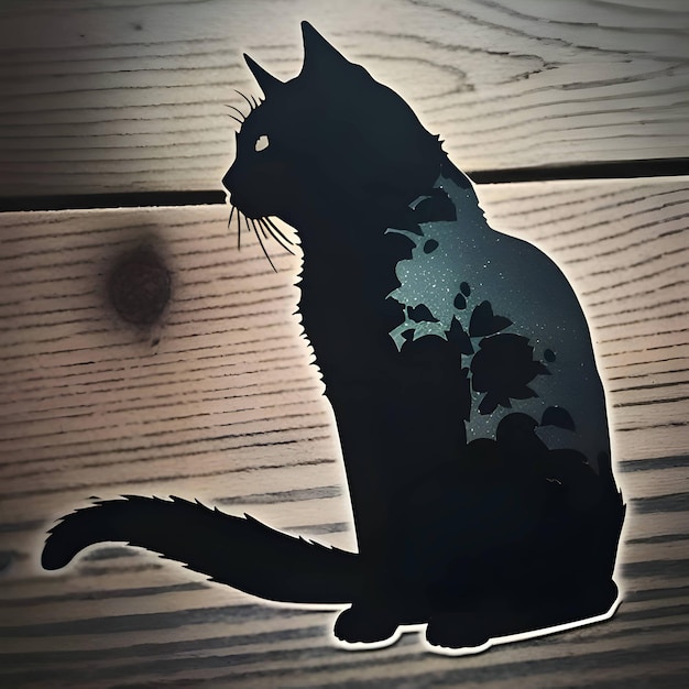 Schwarze Silhouette einer Katze auf Holz im Hintergrund