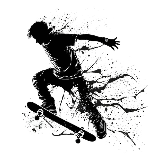 Schwarze Silhouette eines Jungen auf Skateboard auf weißem Hintergrund