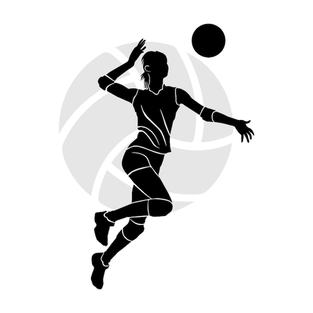 Schwarze silhouette eines mädchen-volleyballspielers, der in die luft springt und den ball schlägt.