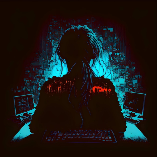 Vektor schwarze silhouette eines mädchens vor dem monitor auf blauem hintergrund