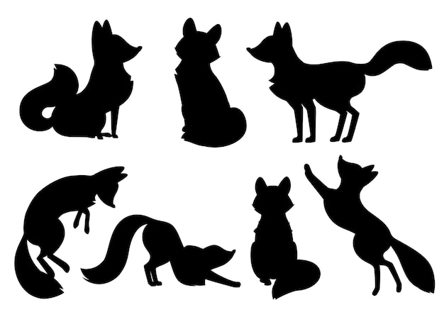 Vektor schwarze silhouette. nettes cartoon-fuchs-set. lustige rotfuchs-sammlung. emotion kleines tier. cartoon tier charakter design. flache illustration lokalisiert auf weißem hintergrund.