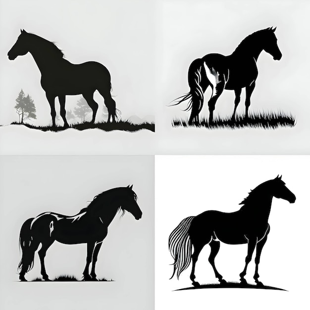 Schwarze Silhouette von Pferden auf weißem Hintergrund