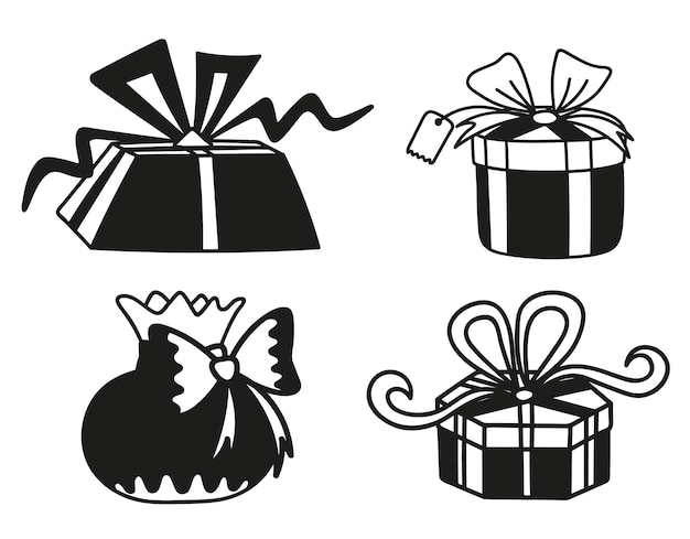 Schwarze silhouette von weihnachtsgeschenkboxen isoliert auf weißem hintergrund