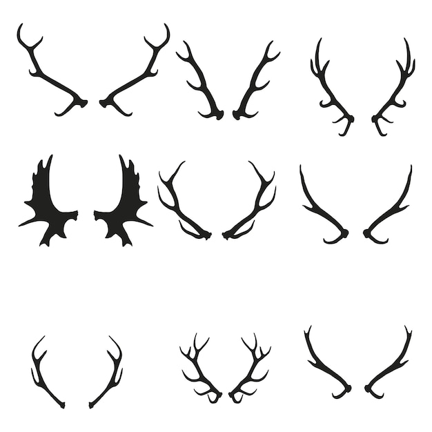 Schwarze Silhouetten von Hirschgeweihen Satz von handgezeichneten Hirschgeweihen Vektorillustration