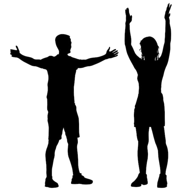 Vektor schwarze silhouetten von männern und frauen mit erhobenem arm auf weißem hintergrund