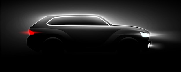 Schwarze suv-autosilhouette mit lichtern auf dunklem nachthintergrund vektorgrafik für automobilplakate