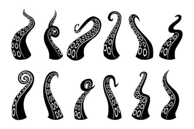 Schwarze symbole cartoon octopus tintenfisch und tintenfisch unterwassertiere waffen vektor-silhouette-logo