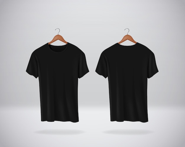 Vektor schwarze t-shirts, modellkleidung, die isoliert an der wand hängt, leere vorder- und rückseitenansicht