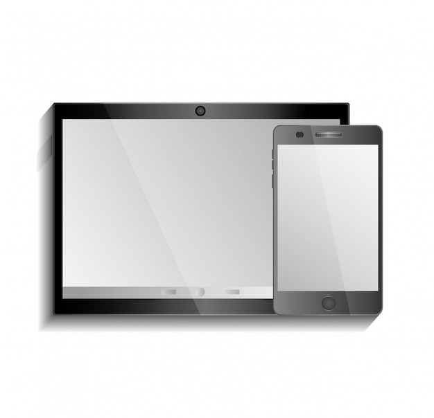 schwarze Tablettenauflage und intelligentes Telefon auf weißem Hintergrund