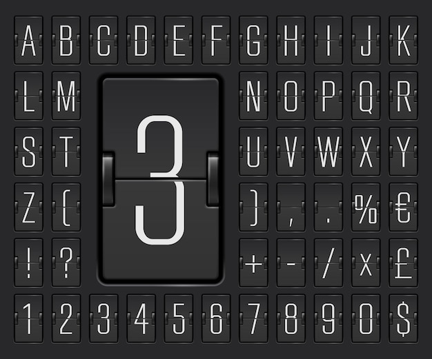 Schwarze Terminalschrift für die mechanische Anzeigetafel mit Zahlen zur Anzeige von Ziel- und Fahrplanvektorillustrationen. Flughafen-Flipboard-Alphabet zum Anzeigen von Abflug- oder Ankunftsinformationen.