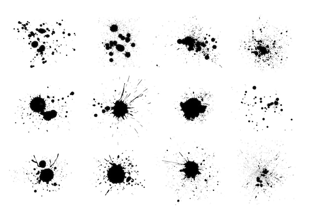 Schwarze Tinte Splatter isoliert auf weißem Hintergrund Vektor-Aquarell-Pinsel-Textur Tintenspritzer und Fleck-Set Grunge-Spray-Drop-Spritzer schmutziger Fleck spritzt und splat Abstrakte Splash-Blobs