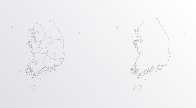 Schwarze Umrissvektorkarte von Südkorea mit Regionen auf weißem Hintergrund