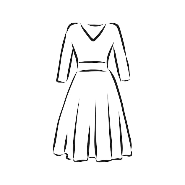 Schwarze umrisszeichnung isoliert auf weißem hintergrund damenkleid vektorskizze illustration